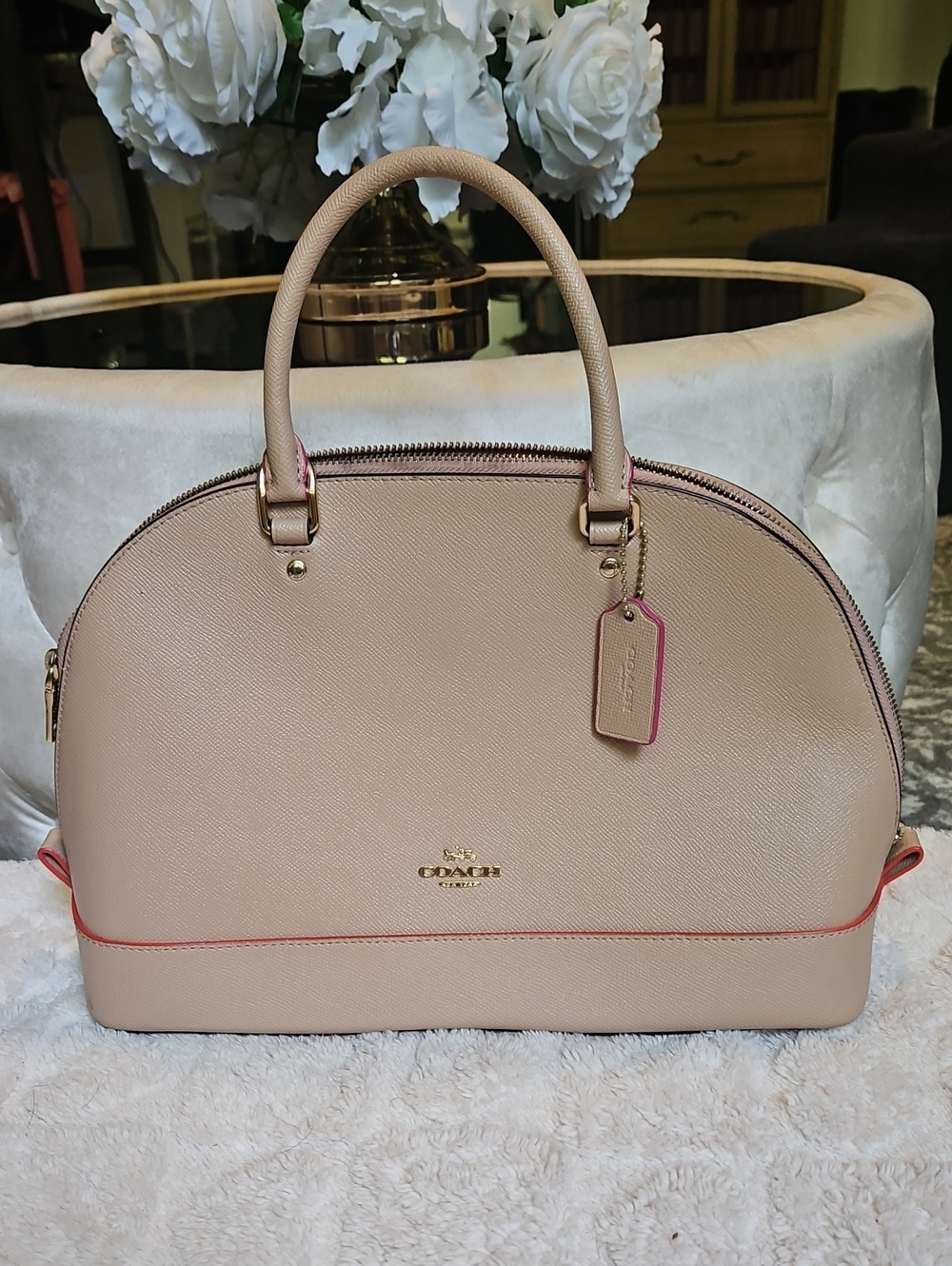 Coach Beige Dome Satchel with Pink Trim and Gold Hardware